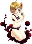  :o ahoge barefoot bikini blonde_hair child darkness fang food food_on_face full_body hair_ribbon ice_cream ice_cream_cone kannazuki_hato kneeling navel open_mouth pointy_ears red_eyes ribbon rumia short_hair simple_background solo swimsuit touhou 