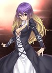  adapted_costume blonde_hair breasts brown_eyes cleavage dress gradient_hair highres hijiri_byakuren houtengeki large_breasts long_hair looking_at_viewer multicolored_hair no_bra outstretched_arms purple_hair smile solo spread_arms touhou two-tone_hair 