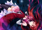  black_legwear hanamuke highres long_hair mahou_shoujo_madoka_magica ponytail red_eyes red_hair sakura_kyouko solo tears thighhighs upside-down 