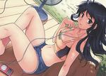  1girl aflame_inferno bare_shoulders beach black_eyes black_hair blue_hair breasts cleavage digital_media_player grass ipod large_breasts legs long_hair looking_at_viewer midriff navel official_art shadow short short_shorts shorts sitting smile sweat thighs ventilator 