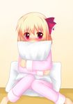  a-rusu alternate_costume ascot bad_id bad_pixiv_id blonde_hair blush cushion hair_ribbon pajamas pillow pillow_hug red_eyes ribbon rumia short_hair shy sitting solo touhou 