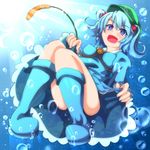  ao-0817 aqua_eyes aqua_hair blue_eyes blue_hair boots cattail hair_bobbles hair_ornament hat kawashiro_nitori key plant rubber_boots solo swimsuit swimsuit_under_clothes touhou two_side_up underwater 