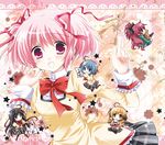  akemi_homura blush chibi cup ear_grab food kaname_madoka kyubey mahou_shoujo_madoka_magica miki_sayaka mitakihara_school_uniform multiple_girls musical_note pantyhose pink_eyes pink_hair pointing sakura_kyouko saucer school_uniform smile star taiyaki teacup thighhighs tomoe_mami twintails wagashi white-brown 