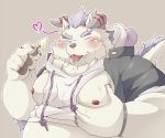  &lt;3 2019 anthro behemoth_(housamo) belly blush eyes_closed hi_res horn male monster moobs nipples overweight overweight_male pomupomu490 simple_background solo tokyo_afterschool_summoners tongue tongue_out video_games 