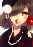  braid brown_hair candy facial_tattoo flower food gloves hair_flower hair_ornament hair_over_one_eye hat heart highres jewelry lipstick lollipop makeup mouth_hold necklace original short_hair single_braid solo tattoo teeth tongue upper_body vient yellow_eyes 