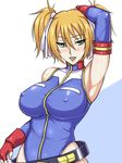  black_beat blonde_hair breasts fingerless_gloves gloves gundam gundam_card_builder highleg highleg_leotard large_breasts leotard looking_at_viewer open_mouth reiko_holinger short_hair short_twintails simple_background solo twintails 