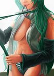  7/11_(fukuso) breasts cleavage detached_sleeves green_hair hatsune_miku head_out_of_frame large_breasts long_hair mouth_hold navel necktie no_pants open_clothes open_shirt panties realistic shirt solo striped striped_panties underwear vocaloid 