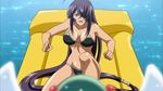  2girls bare_shoulders beach bikini blue_eyes breasts cleavage hair_over_one_eye highres ikkitousen kan'u_unchou kanu_unchou large_breasts legs long_hair looking_at_viewer multiple_girls ocean open_mouth purple_hair sea sitting swimsuit thighs very_long_hair water 