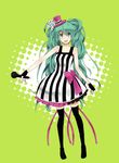  :d aqua_eyes bad_id bad_pixiv_id bow dress earrings fingerless_gloves gloves green_hair hara_paix hat hatsune_miku jewelry long_hair microphone mini_hat mini_top_hat open_mouth simple_background smile solo striped striped_dress thighhighs top_hat twintails very_long_hair vocaloid zettai_ryouiki 