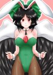  animal_ears ashcape bare_shoulders black_hair black_wings bow breasts bunny_ears bunnysuit green_bow groin hair_bow kemonomimi_mode large_breasts light_smile long_hair pantyhose red_eyes reiuji_utsuho solo third_eye touhou wings wrist_cuffs 