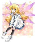  blonde_hair blue_eyes collet_brunel kawamura_raichi long_hair pantyhose solo tales_of_(series) tales_of_symphonia wings yellow_background 