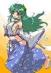  arms_behind_back bare_shoulders blush breasts detached_sleeves frog gohei green_hair hair_ornament hirowa_nagi kochiya_sanae large_breasts long_hair midriff navel sarashi sideboob snake solo touhou yellow_eyes 