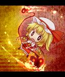  ascot blonde_hair chibi dress fang flandre_scarlet hat highres letterboxed mary_janes red_dress shoes side_ponytail solo touhou vampire wings yamabuki_(yusuraume) 