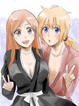  bleach blue_eyes blush brown_eyes crossover female hair_ornament hairclip himura_kenshin hokkaitei inoue_orihime japanese_clothes kimono long_hair male open_mouth orange_hair ponytail rurouni_kenshin scar v 