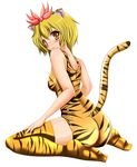  absurdres animal_ears animal_print ass bad_id bad_pixiv_id blonde_hair blush highres kemonomimi_mode looking_back one-piece_swimsuit school_swimsuit shiny shiny_clothes short_hair skindentation smile solo swimsuit tail tera_hiroshi thighhighs tiger_ears tiger_print tiger_tail toramaru_shou touhou yellow_eyes 