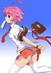  ahoge aino_heart arcana_heart bow bread food heart_ahoge misono_gakuen_school_uniform necktie orange_skirt panties ribbon school_uniform short_hair skirt solo striped striped_panties takashi_moritaka thighhighs underwear very_short_hair 