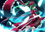  alternate_hairstyle bow dress feathers frills front_ponytail green_hair hair_bow hair_ribbon highres kagiyama_hina mountain ponytail red_eyes ribbon shiromiza_kana skirt skirt_lift smile solo star_(sky) touhou wings 