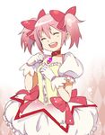  4gb4tb bad_id bad_pixiv_id bubble_skirt choker closed_eyes gloves kaname_madoka magical_girl mahou_shoujo_madoka_magica open_mouth pink_hair puffy_sleeves red_choker short_hair short_twintails skirt smile solo twintails white_gloves 
