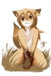  :3 canine chest_tuft cuffs ear_piercing earring female fox grass inubito looking_at_viewer nude piercing sitting solo tail white_background 