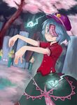  blouse blue_eyes blue_hair cherry_blossoms chinese_clothes flower ghost graveyard hat hitodama jiangshi miyako_yoshika necktie ofuda outstretched_arms pale_skin short_hair skirt smile solo star touhou turnnail zombie_pose 