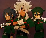  3boys baddap_sleed black_eyes black_hair dark_skin eska_bamel frown gloves green_hair grin inazuma_eleven inazuma_eleven_(series) knife licking long_hair male male_focus military military_uniform mistorene_callus multiple_boys purple_eyes red_eyes short_hair smile tongue uniform white_hair 