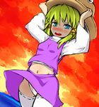  adjusting_clothes adjusting_hat blonde_hair blue_eyes blush fu_(counting01) hair_ornament hand_on_headwear hat midriff moriya_suwako navel open_mouth panties pantyshot short_hair skirt smile solo sunset thighhighs touhou underwear water white_legwear white_panties wind 