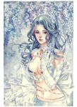  blue_eyes blue_hair breasts cleavage elbow_gloves face flower gloves large_breasts lips long_hair navel phong_anh shahrazad_al-rahman signature solo traditional_media trinity_blood watercolor_(medium) 