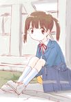  bag blush brown_eyes brown_hair hourou_musuko maruyo sasa_kanako school_bag school_uniform short_hair short_twintails sitting solo twintails 