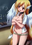  absurdres angel_wings artist_request astraea blonde_hair blush breasts cleavage collar covering covering_breasts dress_shirt groin head_wings highres large_breasts long_hair navel open_clothes open_mouth open_shirt panties panty_pull red_eyes shiny shiny_skin shirt solo sora_no_otoshimono tears underwear very_long_hair wings 