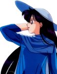  bishoujo_senshi_sailor_moon black_hair earrings formal hand_behind_head hat hino_rei jewelry kazu. long_hair official_art portrait pose profile purple_eyes sailor_mars scarf 