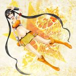  :d arancia arm_up armband black_hair boots dutch_angle food fruit long_hair midriff navel niou_kaoru open_mouth orange orange_eyes orange_skirt original skirt smile solo twintails very_long_hair wristband 