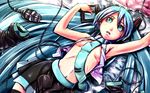  :o aqua_eyes aqua_hair bare_shoulders bed black_legwear cable flat_chest hatsune_miku long_hair lying microphone navel necktie on_back open_mouth skirt solo taiji thighhighs twintails undressing vocaloid zettai_ryouiki 