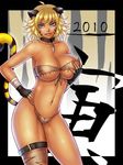  2010 animal_ears bandeau bare_shoulders bikini blonde_hair blue_eyes breast_grab breasts cat_ears cat_tail choker cleavage ear_piercing fangs fangs_out fingerless_gloves front-tie_top gloves grabbing large_breasts legs midriff momoman_(pink_voltage) navel original piercing short_hair smile solo swimsuit tail tan thigh_strap thighhighs thighs tiger_stripes tiger_tail torn_clothes underboob 