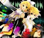  1girl arm_warmers blonde_hair blue_eyes brother_and_sister detached_sleeves hair_ornament hair_ribbon hairclip headphones highres kagamine_len kagamine_len_(append) kagamine_rin kagamine_rin_(append) navel ribbon short_hair shorts siblings smile twins vocaloid vocaloid_append yuu_(ckd27) 