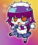  @_@ angry chibi female full_body futaba_channel gradient gradient_background legwear maid necktie nijiura_maids open_mouth purple_hair sd solo stockings thighhighs tie yakui yellow_eyes 