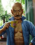  abs bald cigarette cup facial_hair jewelry male_focus matataku mustache necklace open_clothes original pig plant ring solo wrinkled_skin 