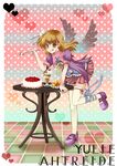  :q bow brown_eyes brown_hair cake character_name cocopazu food fruit full_body hair_ornament hairpin heart highres ice_cream long_hair looking_at_viewer navel ribbon shoes skirt smile solo spoon table thighhighs tongue tongue_out wild_arms wild_arms_4 wings yulie_ahtreide zettai_ryouiki 
