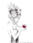  apple blush closed_eyes collarbone copyright_request flower food fruit hair_flower hair_ornament holding holding_food holding_fruit monochrome profile pun short_hair solo sousou_(sousouworks) spot_color upper_body 