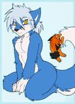  2007 amber_eyes blue blue_hair canine claws fox hair inuki kneeling looking_at_viewer male scar short_blue_hair short_hair soft 