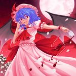  bat_wings blood blue_hair blush brooch cup flower full_moon hat highres jewelry moon night petals red_eyes red_moon reg_(artist) remilia_scarlet rose short_hair solo touhou white_flower white_rose wings 