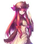  alternate_color alternate_costume alternate_hair_color apron bow capelet crescent dress hair_bow hands hat long_hair patchouli_knowledge purple_eyes purple_hair robe simple_background smile solo touhou waving wide_sleeves yandywu 