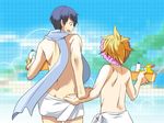  ass blonde_hair blue_hair blue_scarf butt_crack kagamine_len kaito male_focus multiple_boys naked_towel rubber_duck scarf shampoo_hat shitsuki_chika sweatdrop towel vocaloid 