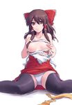  black_legwear bow breasts brown_hair collarbone covering covering_nipples fangdan_runiu hair_bow hair_censor hair_over_breasts hakurei_reimu large_breasts light_smile long_hair off_shoulder open_clothes open_shirt panties red_eyes sarashi shirt simple_background sitting solo thighhighs touhou underwear undone_sarashi wariza white_panties 