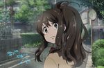  anime_coloring blue_eyes brown_hair frown long_hair looking_back pokemon pokemon_(game) pokemon_bw ponytail rain road scenery shuri_(84k) solo street tears touko_(pokemon) traffic_mirror 