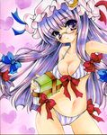  absurdres bad_id bad_pixiv_id bespectacled bikini book bow breasts cleavage glasses hair_bow hat heart highres long_hair marker_(medium) medium_breasts navel patchouli_knowledge purple_eyes purple_hair solo striped striped_bikini sumire_(sumiringo2008) swimsuit touhou traditional_media vertical-striped_bikini vertical_stripes watercolor_(medium) 