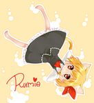  animal_ears bad_id bad_pixiv_id barefoot blonde_hair cat_ears cat_tail character_name hair_ribbon highres jigatei_(omijin) kemonomimi_mode red_eyes ribbon rumia short_hair solo tail touhou 