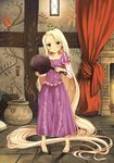  :t absurdly_long_hair angry barefoot blonde_hair blush chameleon child dress feet flat_chest frying_pan highres long_hair looking_at_viewer pascal_(tangled) pout rapunzel_(disney) solo tangled tomozo_kaoru very_long_hair yellow_eyes 