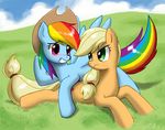  applejack blonde_hair blush cowboy_hat frown green_eyes grin hat headwear_switch john_joseco long_hair low-tied_long_hair multicolored_hair multiple_girls my_little_pony my_little_pony_friendship_is_magic no_hat no_headwear no_humans ponytail purple_eyes rainbow_dash smile 