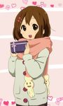  amano_kouki brown_eyes brown_hair gift heart highres hirasawa_yui holding holding_gift k-on! official_style open_mouth round_teeth scarf short_hair solo teeth 