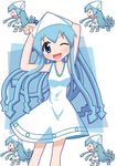  blue_eyes blue_hair chibi dress hat ikamusume kenjichan252 long_hair mini-ikamusume multiple_girls one_eye_closed shinryaku!_ikamusume tentacle_hair 